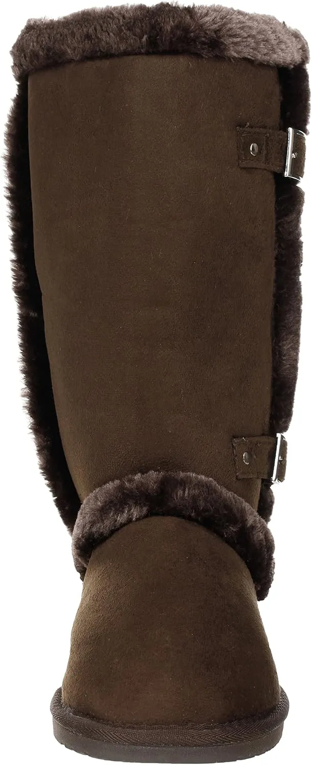 Women's Twin Buckle Fully Fur Lined Faux Suede Sheepskin Winter Snow Boots