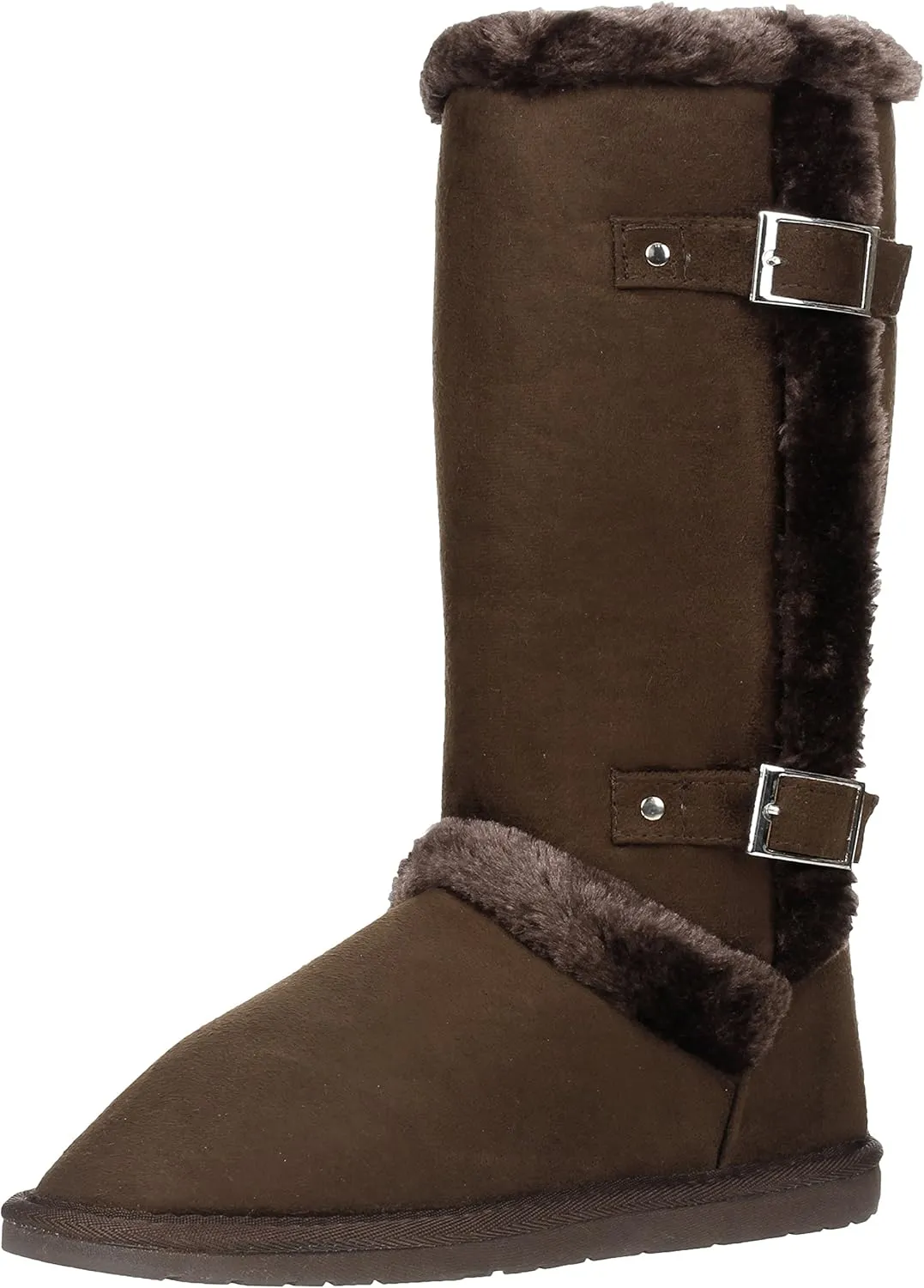 Women's Twin Buckle Fully Fur Lined Faux Suede Sheepskin Winter Snow Boots