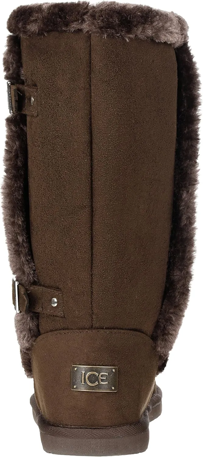 Women's Twin Buckle Fully Fur Lined Faux Suede Sheepskin Winter Snow Boots