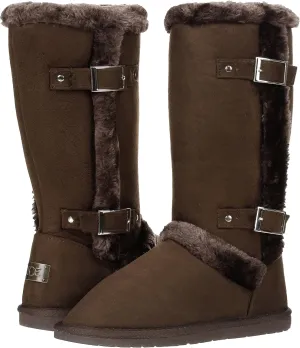 Women's Twin Buckle Fully Fur Lined Faux Suede Sheepskin Winter Snow Boots
