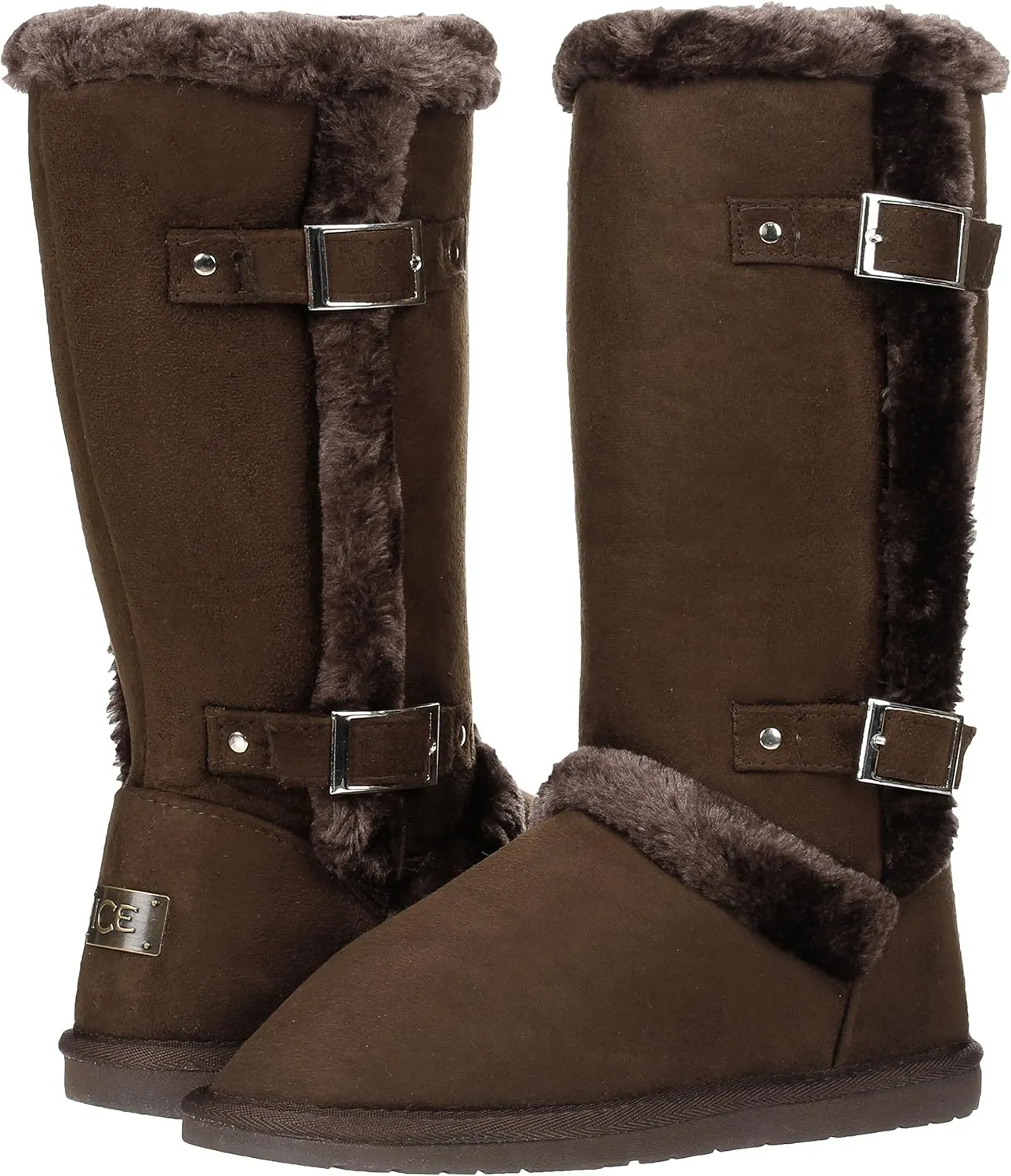 Women's Twin Buckle Fully Fur Lined Faux Suede Sheepskin Winter Snow Boots