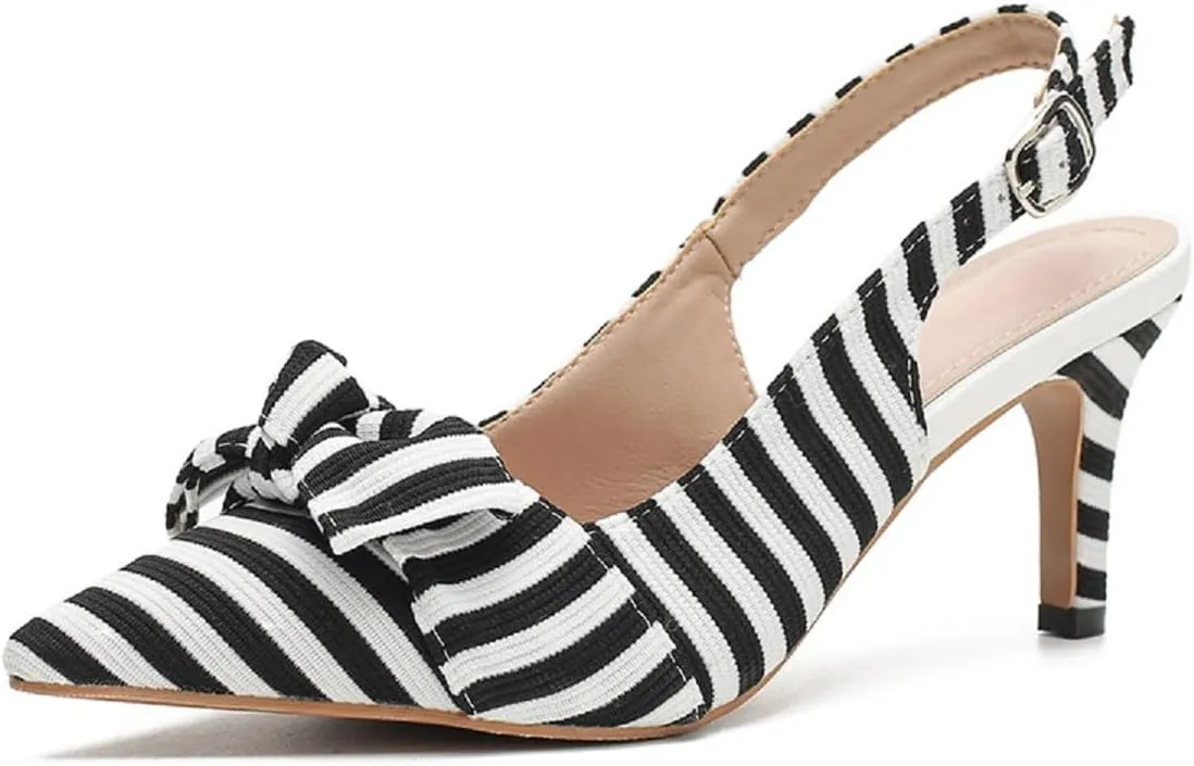 Women's White Black Stripes Slingback Kitten Heels Closed Pointed Toe Bow Tie Slip On Work Pumps Ankle Strap Stiletto Formal Party Wedding Dress Shoes