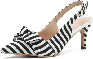Women's White Black Stripes Slingback Kitten Heels Closed Pointed Toe Bow Tie Slip On Work Pumps Ankle Strap Stiletto Formal Party Wedding Dress Shoes