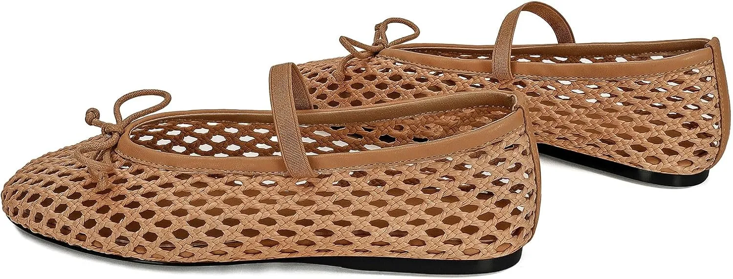 Woven Ballet Flats for Women Cute Raffia Mary Janes Bow Elastic Strap Summer Straw Comfortable Casual Dressy Shoes