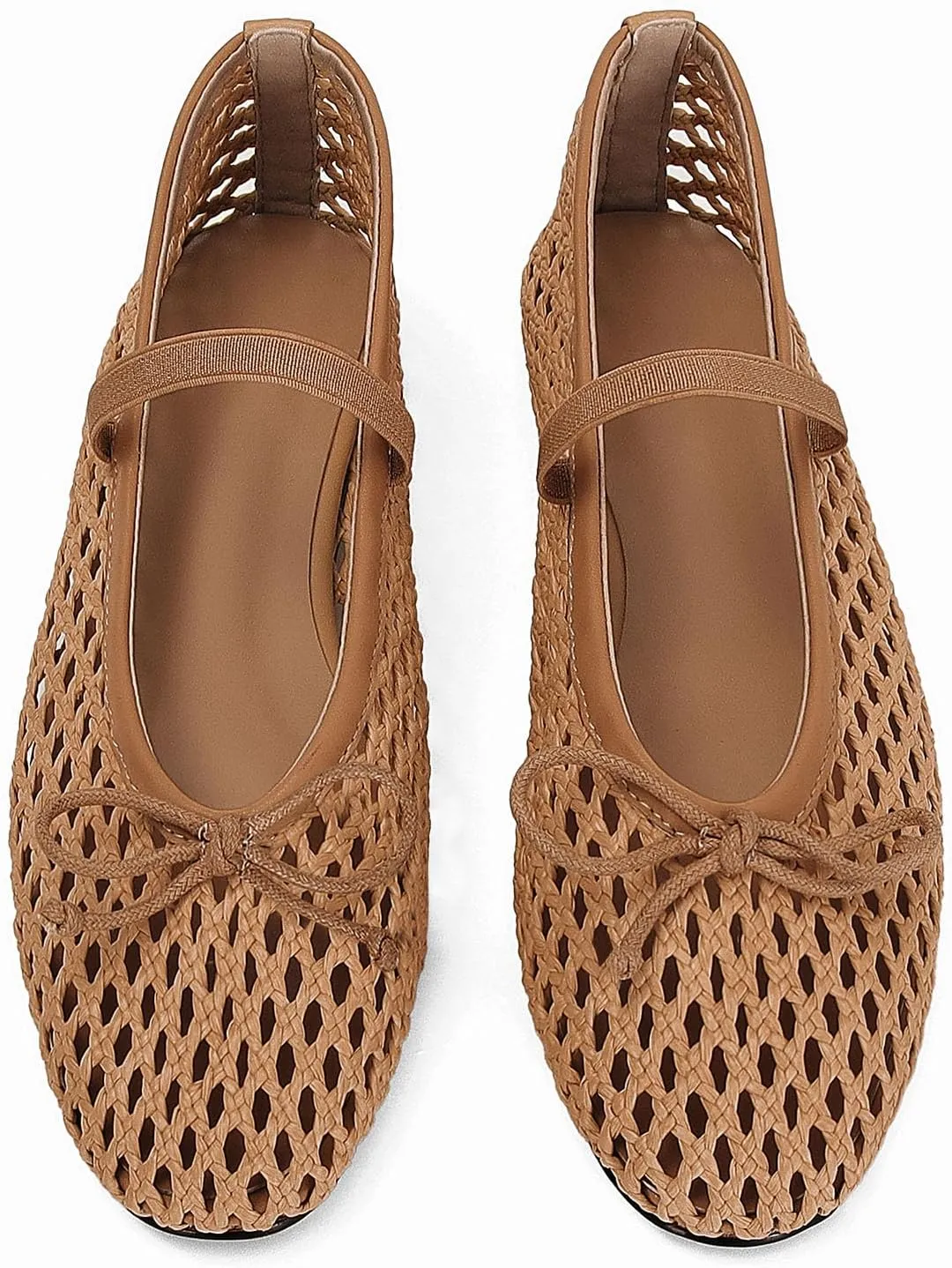 Woven Ballet Flats for Women Cute Raffia Mary Janes Bow Elastic Strap Summer Straw Comfortable Casual Dressy Shoes