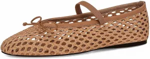 Woven Ballet Flats for Women Cute Raffia Mary Janes Bow Elastic Strap Summer Straw Comfortable Casual Dressy Shoes