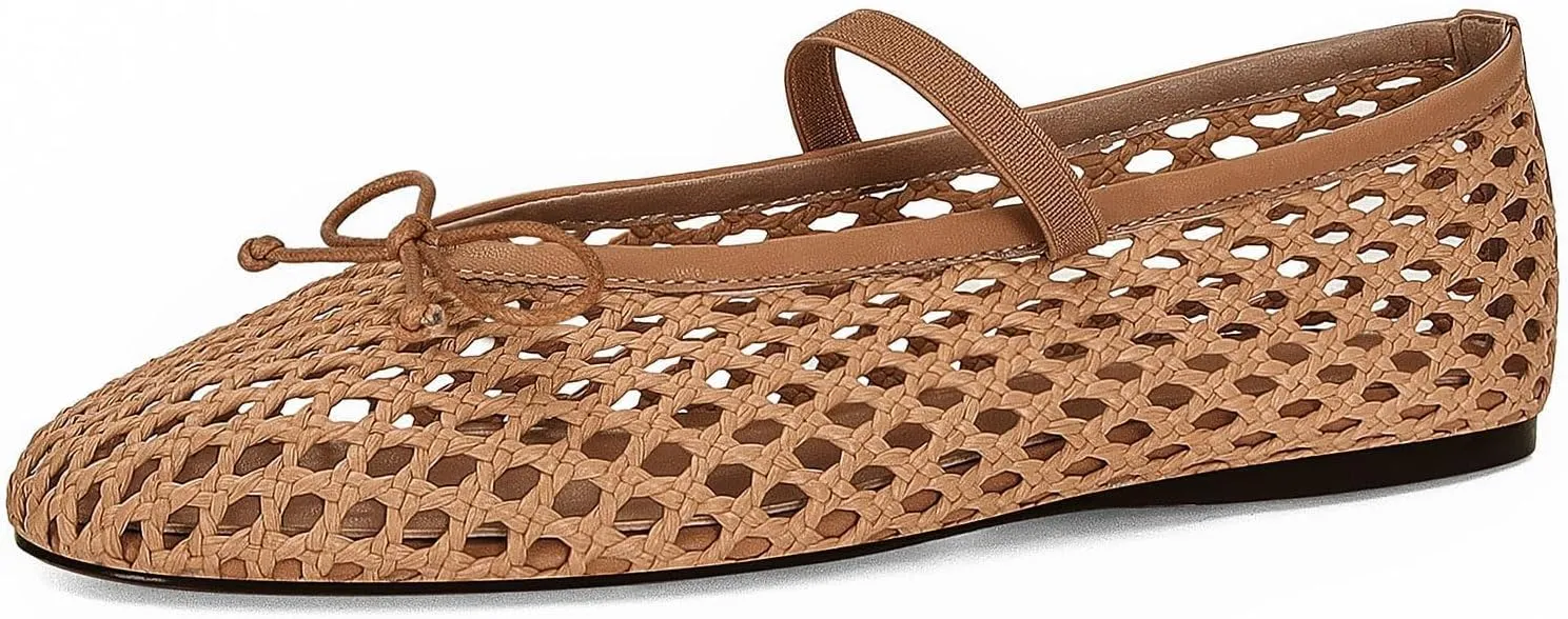 Woven Ballet Flats for Women Cute Raffia Mary Janes Bow Elastic Strap Summer Straw Comfortable Casual Dressy Shoes