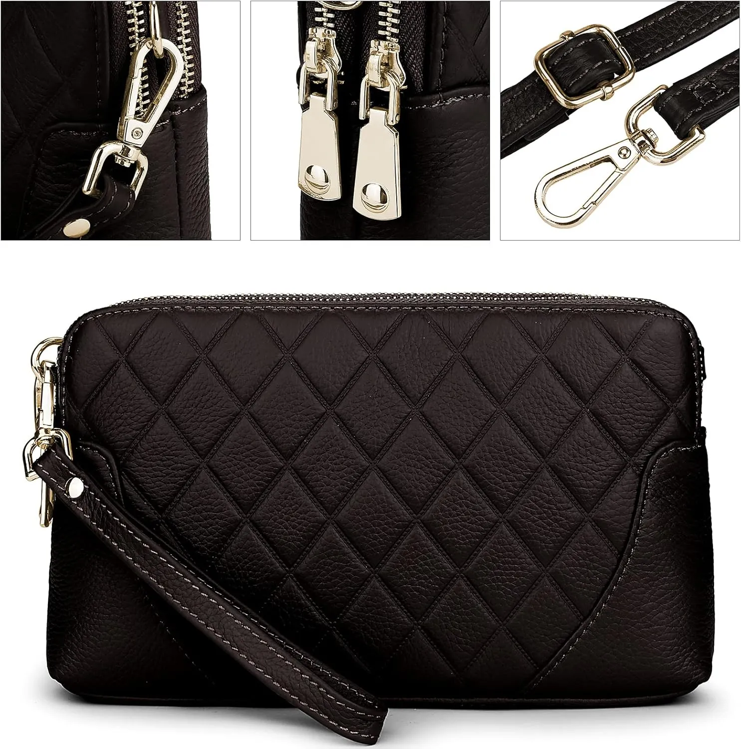 YALUXE Womens Wristlet Real Leather Quilted double zippers Large Clutch Wallet Shoulder Strap
