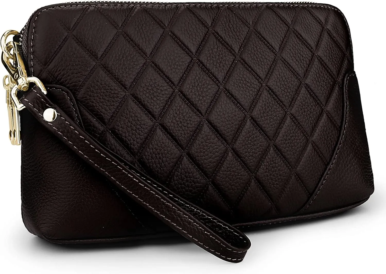 YALUXE Womens Wristlet Real Leather Quilted double zippers Large Clutch Wallet Shoulder Strap
