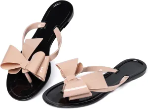 YANWENFANG Women Flip Flops Jelly Thong Waterproof Bow Summer Beach Rain Casual PVC Boho Vacation Flat Sandals