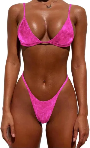 YAUASOPA Women Shiny Bikini Micro Sexy String Two Pieces Swimsuit Female Thong Swimwear
