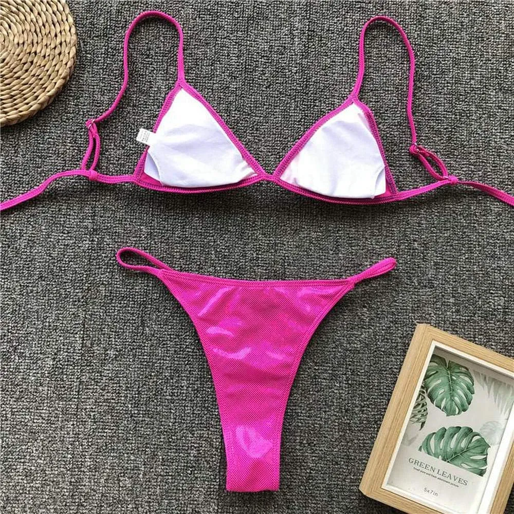 YAUASOPA Women Shiny Bikini Micro Sexy String Two Pieces Swimsuit Female Thong Swimwear