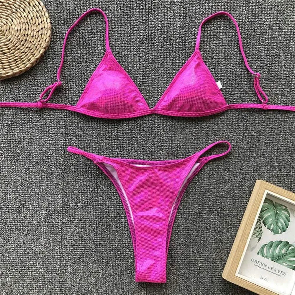 YAUASOPA Women Shiny Bikini Micro Sexy String Two Pieces Swimsuit Female Thong Swimwear