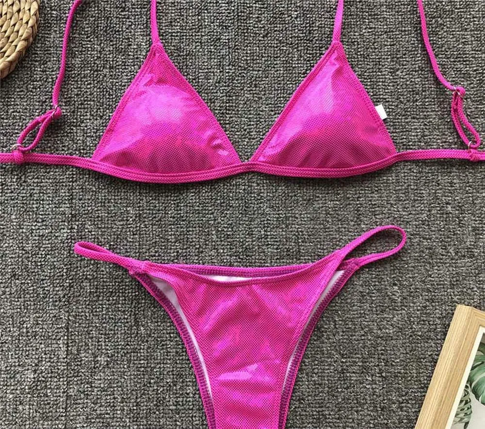 YAUASOPA Women Shiny Bikini Micro Sexy String Two Pieces Swimsuit Female Thong Swimwear