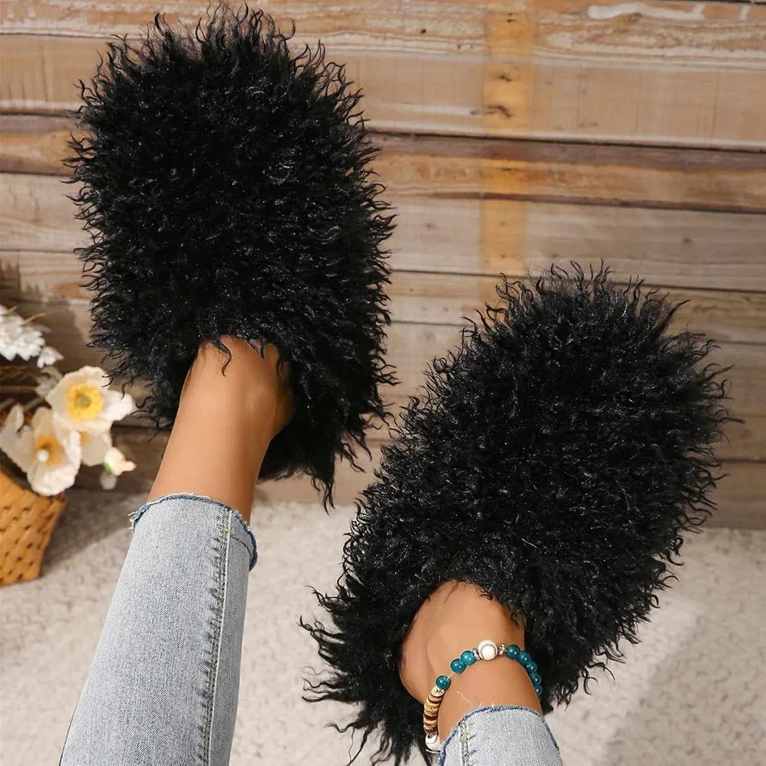 YESBOR Women's Men's Faux Fur House Slippers Fuzzy Fluffy Winter Warm Indoor Flat Slippers