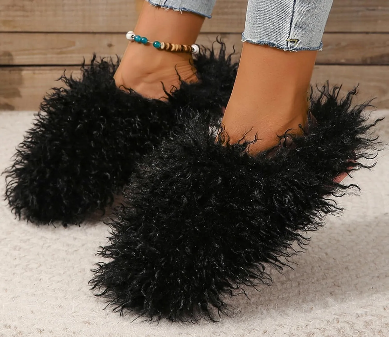 YESBOR Women's Men's Faux Fur House Slippers Fuzzy Fluffy Winter Warm Indoor Flat Slippers
