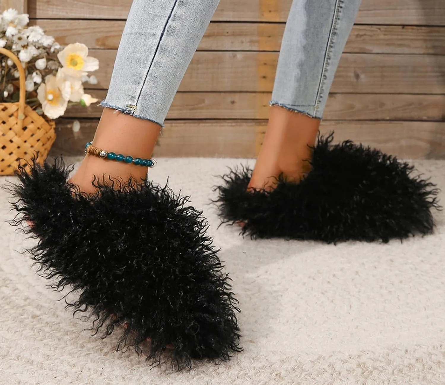 YESBOR Women's Men's Faux Fur House Slippers Fuzzy Fluffy Winter Warm Indoor Flat Slippers