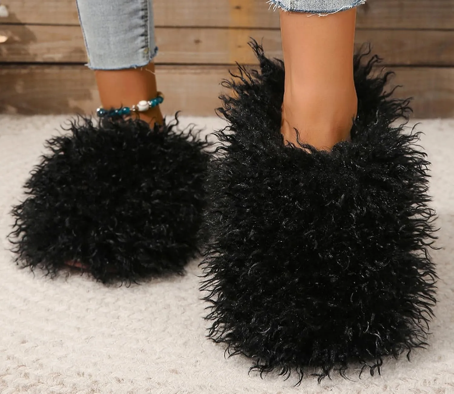 YESBOR Women's Men's Faux Fur House Slippers Fuzzy Fluffy Winter Warm Indoor Flat Slippers