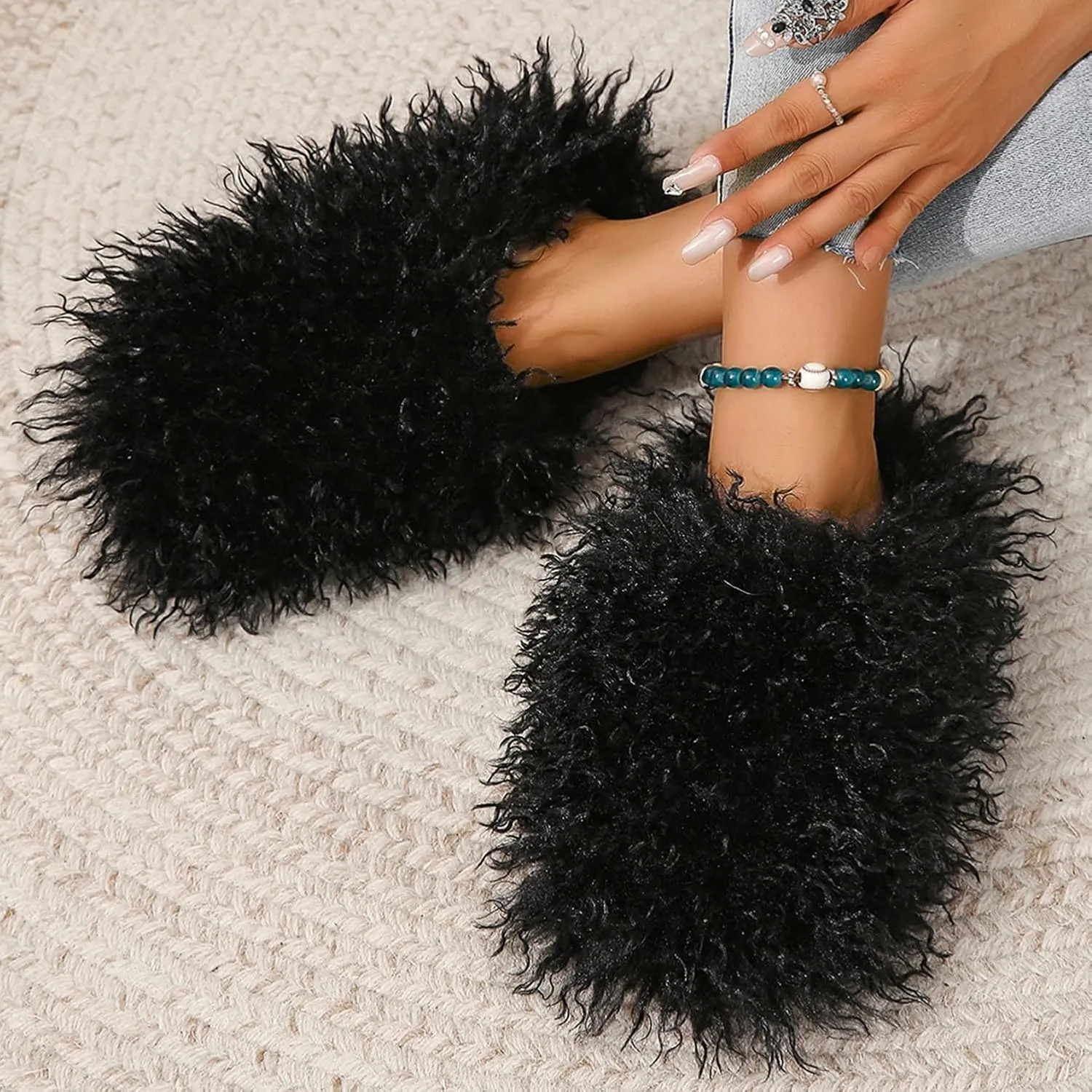 YESBOR Women's Men's Faux Fur House Slippers Fuzzy Fluffy Winter Warm Indoor Flat Slippers