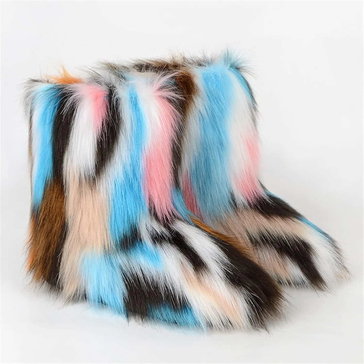 YESBOR Women's Winter Faux Fur Boots Round Toe Warm Fuzzy Fluffy Furry Snow Boots Flat Shoes