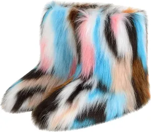 YESBOR Women's Winter Faux Fur Boots Round Toe Warm Fuzzy Fluffy Furry Snow Boots Flat Shoes