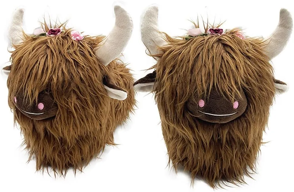 Zureto Highland Cow Plush Scottish Cow Slippers, Soft Warm Animal Home Indoor Shoes